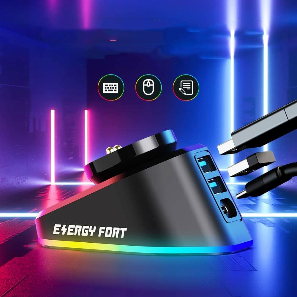 Logitech Maus / Razer Maus Gaming Wireless Charging Dockingstation Lade Station Halterung mit RGB Beleuchtung   2x USB A - Schwarz