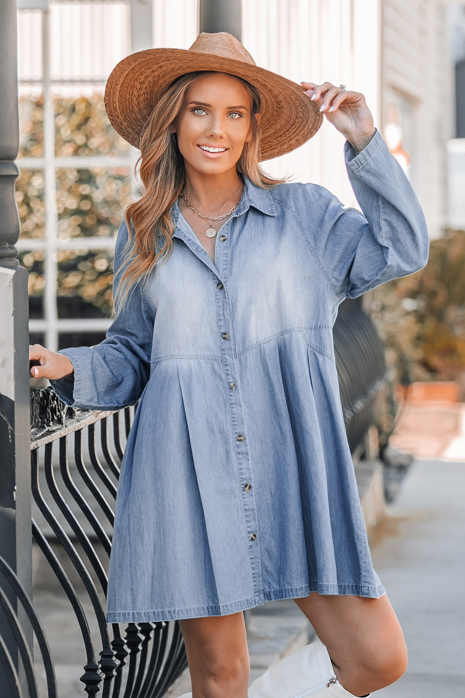 Robe mini en denim et pur coton à boutons