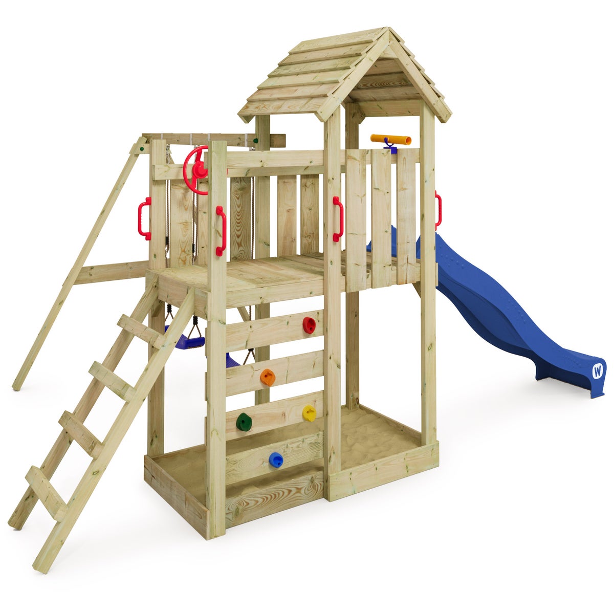 WICKEY MultiFlyer Houten Dak Klimrek met Schommel en Glijbaan, Klimtoren met Houten Dak, Zandbak, Ladder en Speelaccessoires - Blauw