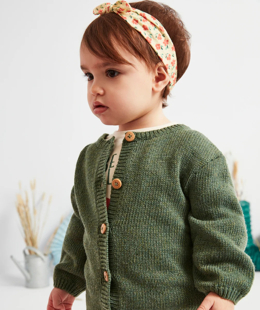 GILET BOUTONNÉ VERT BRILLANT BÉBÉ FILLE EN FIBRES RECYCLÉES