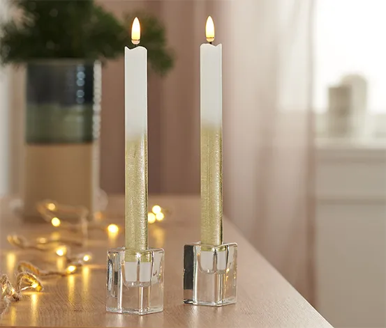 2 LED-Echtwachs-Stabkerzen, cremeweiß-goldfarben