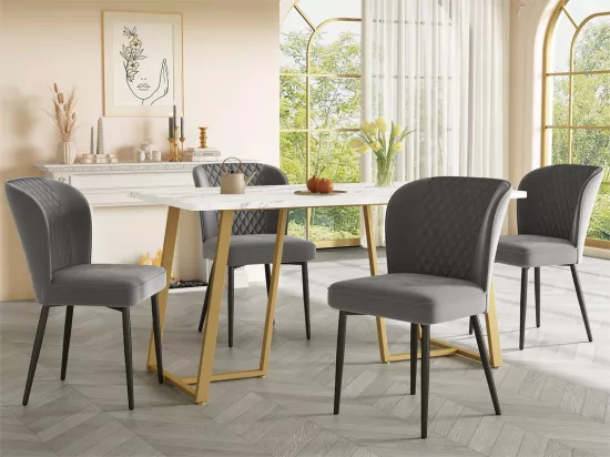 Table à manger 140x80 cm - structure en métal - placage à motif de marbre - Blanc & Doré