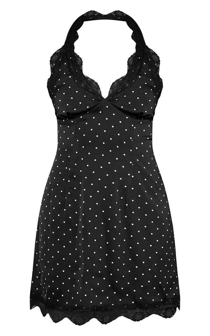 Noir Robe Mini À Pois Avec Encolure Américaine Et Finitions En Dentelle