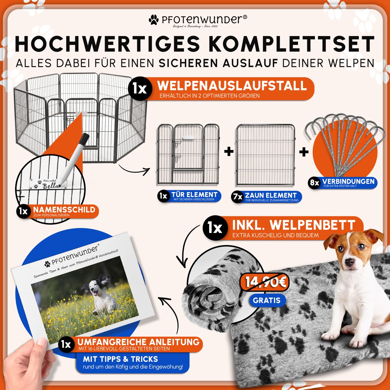 PfotenWunder® Welpenlaufstall 8-teilig, 80cm hoch, 2x2m + 1 Hundebett & 1 Trainingsbuch | Welpenauslauf, Hunde-Laufstall faltbar mit Tür, Tierlaufstall indoor outdoor wetterfest