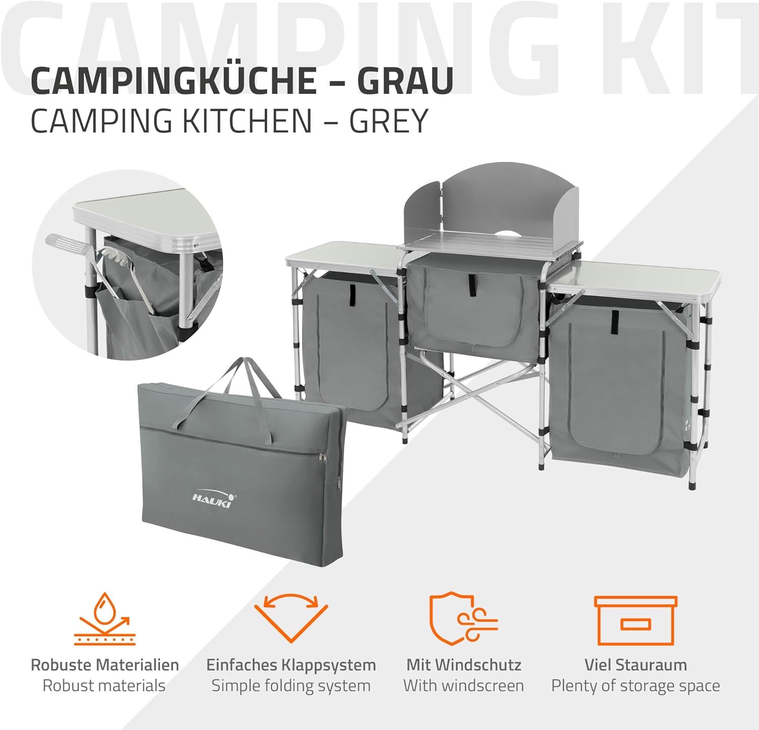 Hauki Camping Küche Campingschrank faltbar mit Tragetasche, Reiseküche mit Windschutz, Küchenschrank mit Arbeitsplatte, Staufächern, Alu Outdoorküche Faltschrank Küchenbox klappbar Zeltschrank tragbar