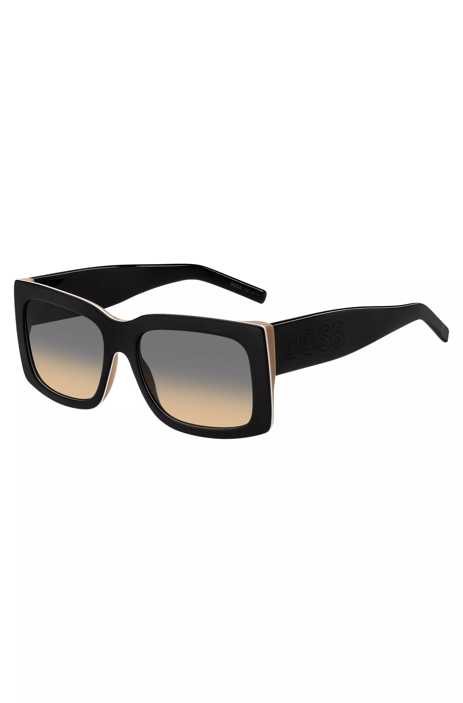 Óculos de sol BOSS em bioacetato com faixa preta exclusiva e logotipo grande nas hastes.