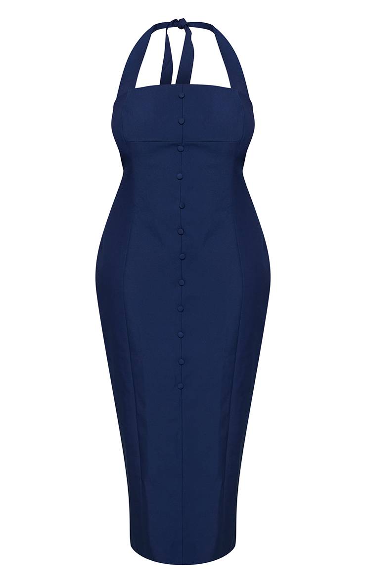 Bleu Marine Robe Longue Grande Taille Tissée À Col Licou Avec Boutons