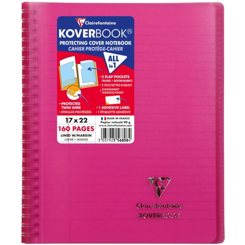 Cahier reliure intégrale enveloppante Koverbook 17x22cm 160 pages ligné + marge couverture polypropylène transparent - Rose