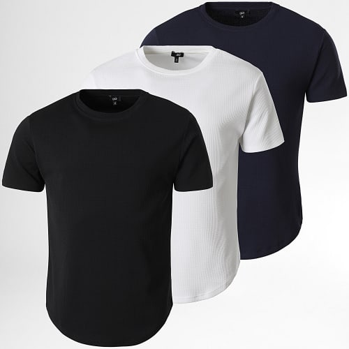 Lot De 3 Tee Shirts Texturés Waffle 0428 Noir Bleu Marine Blanc