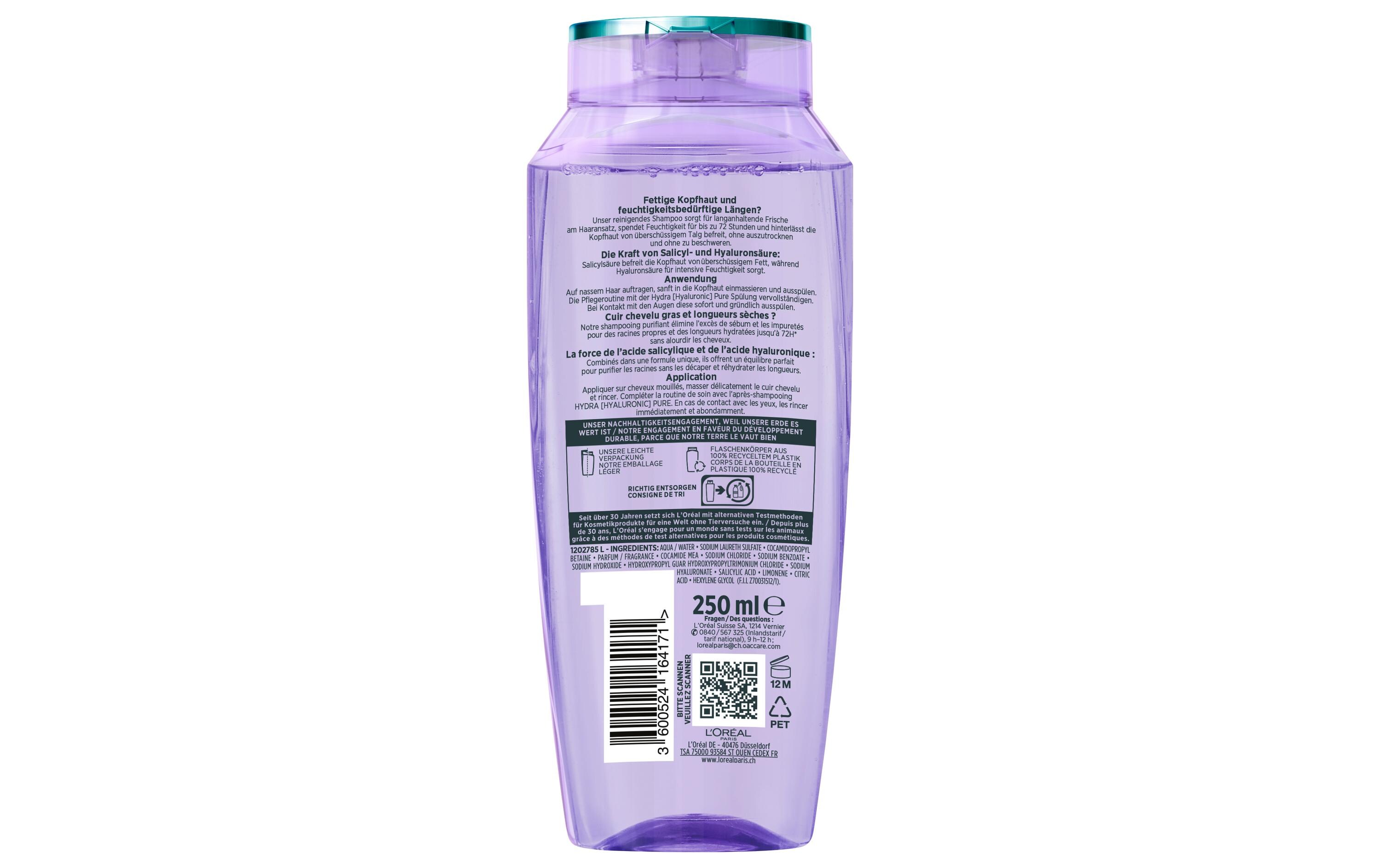 Shampoo Elseve Hydra Hyaluronic Pure 72H 250 mlHaarshampoo befreit die Kopfhaut von überschüssigem Fett, ohne auszutrocknen und zu beschweren