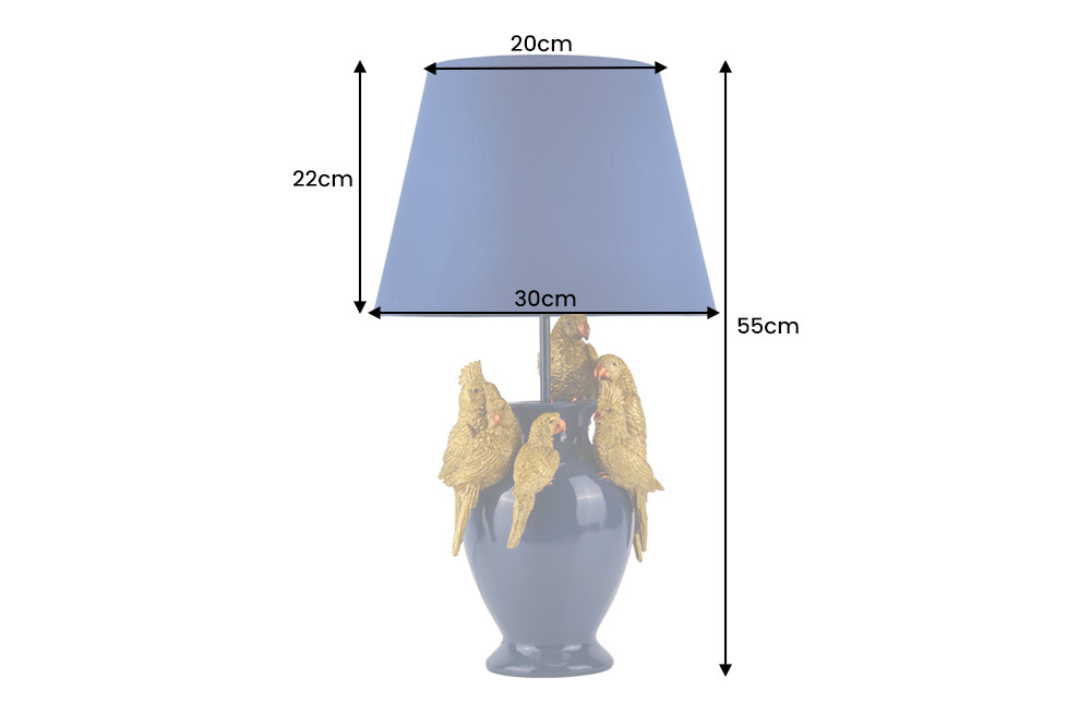 Handgefertigte Tischlampe PARROT 55cm blau gold Papagei-Skulptur Stoffschirm