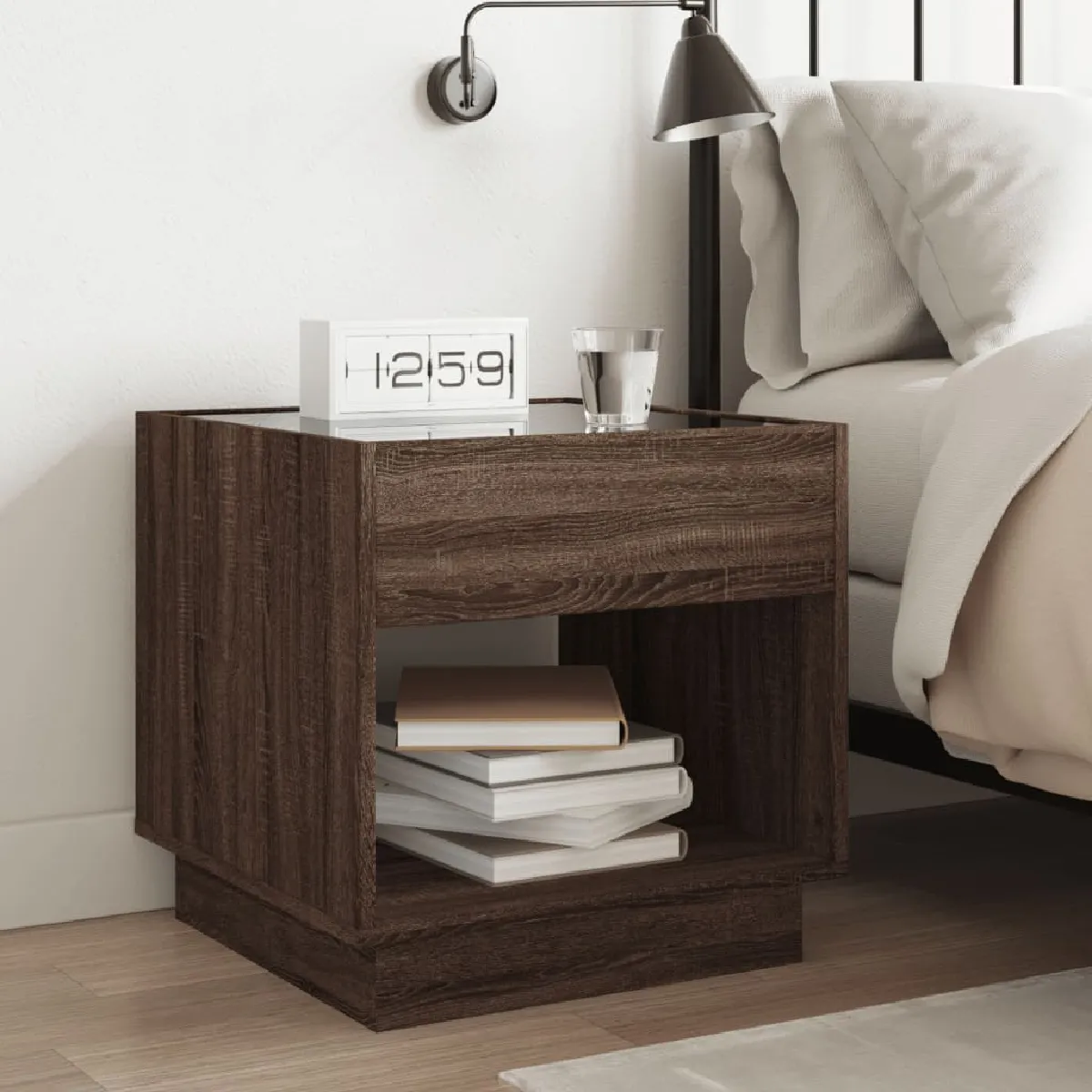 vidaXL Table de chevet LED - Chêne Marron
