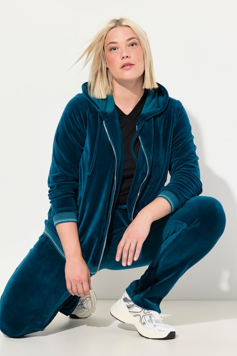 Samt-Sweatjacke, Blüte, Kapuze, Glitzerstreifen-Bündchen