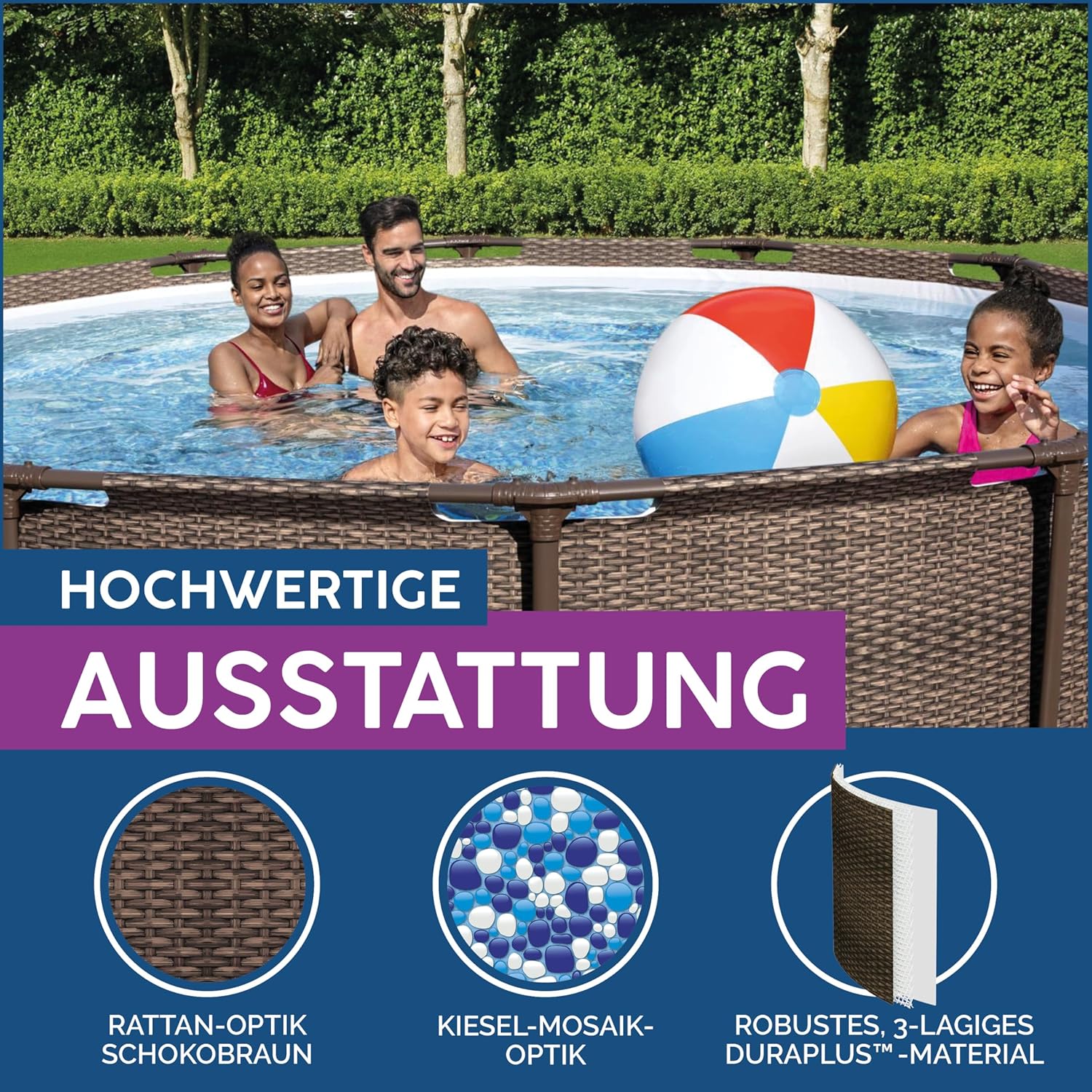 Bestway Steel Pro MAX Frame Pool-Set mit Filterpumpe Ø 366 x 100 cm, Rattan-Optik (Schokobraun), rund