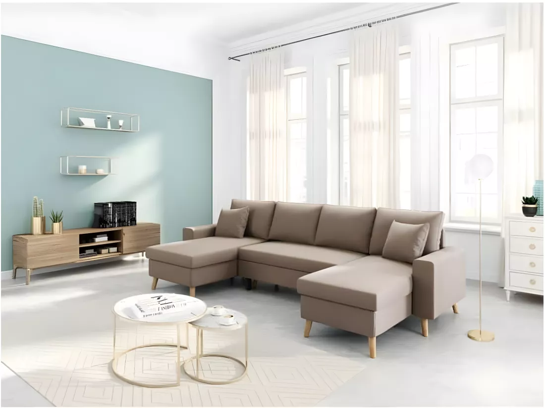 Canapé Panoramique Scandinave Convertible 2 Coffres en Tissu Déperlant
