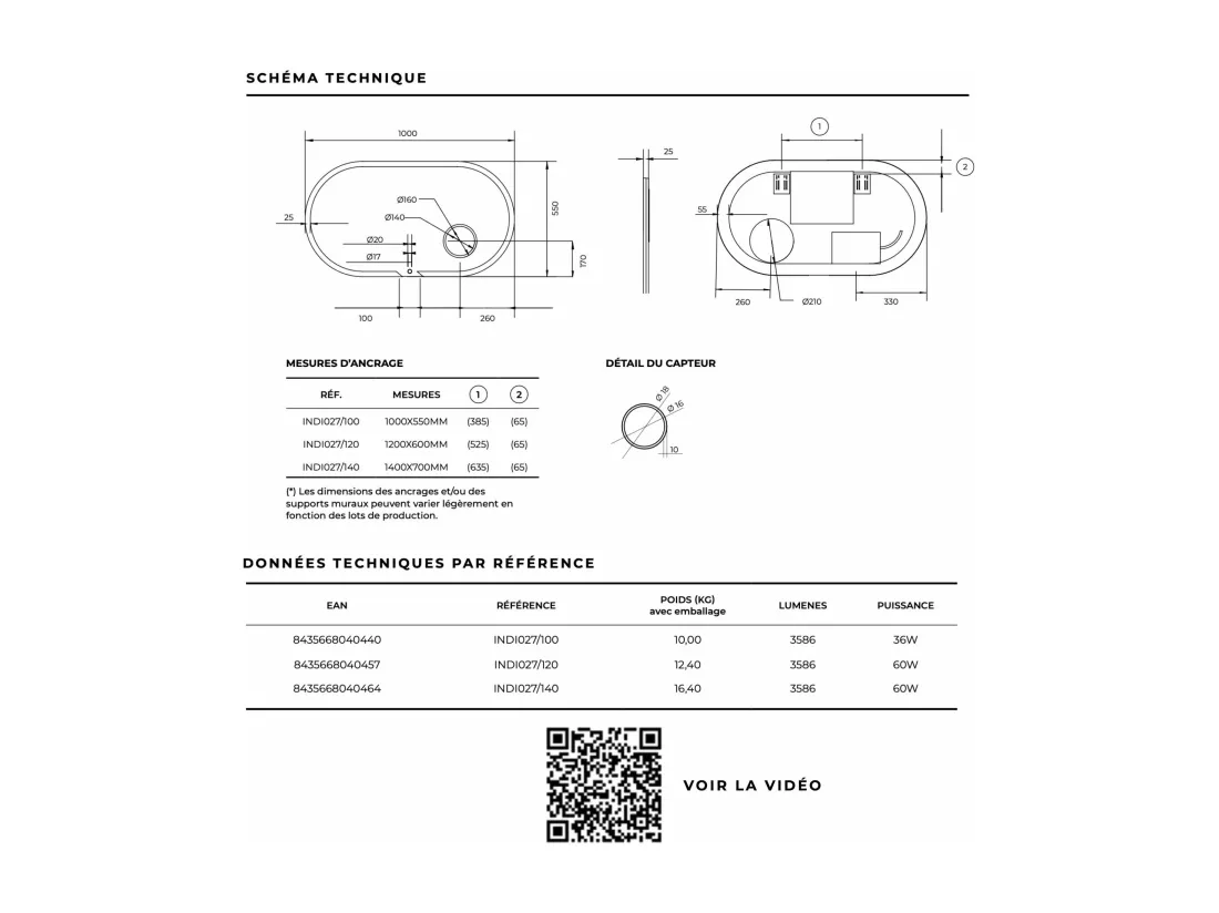 Miroir Salle de Bain INDIANA - 100x60cm - T° Led Frontal Variable - Anti-Buée & Zone Grossissant X3 - LEDIMEX