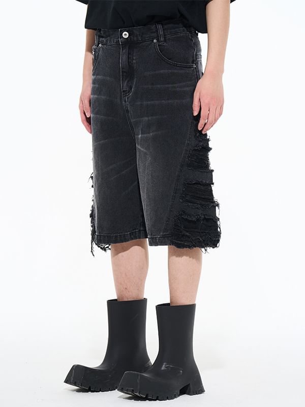 Cowpow - Hoge taille denim shorts met distressed effect