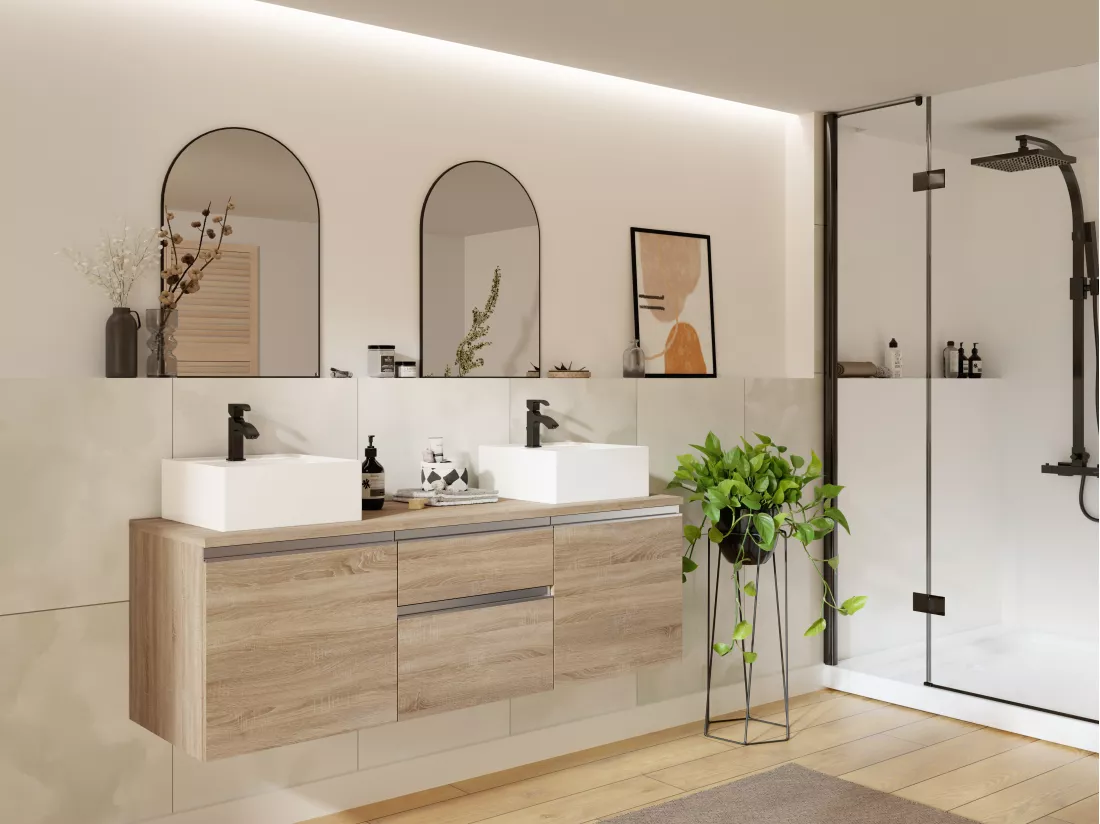 Meuble de salle de bain suspendu avec double vasque - Naturel clair - 150 cm - JIMENA II