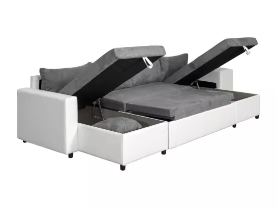 Canapé panoramique Oslo convertible avec coffres, poufs à gauche - Simili/Microfibre - Blanc/Gris - L311 x P146 x H81cm - Loungitude