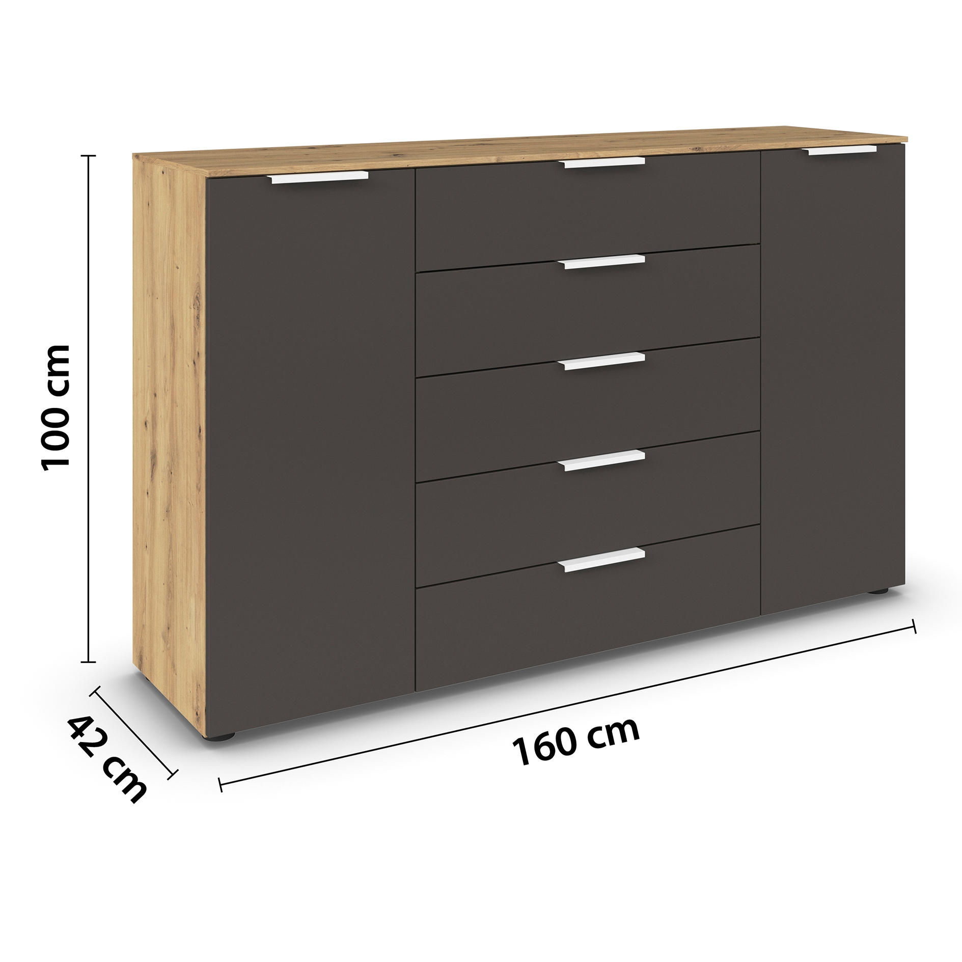 Kommode - Artisan Eiche-graphit - weiße Griffe - 160 cm