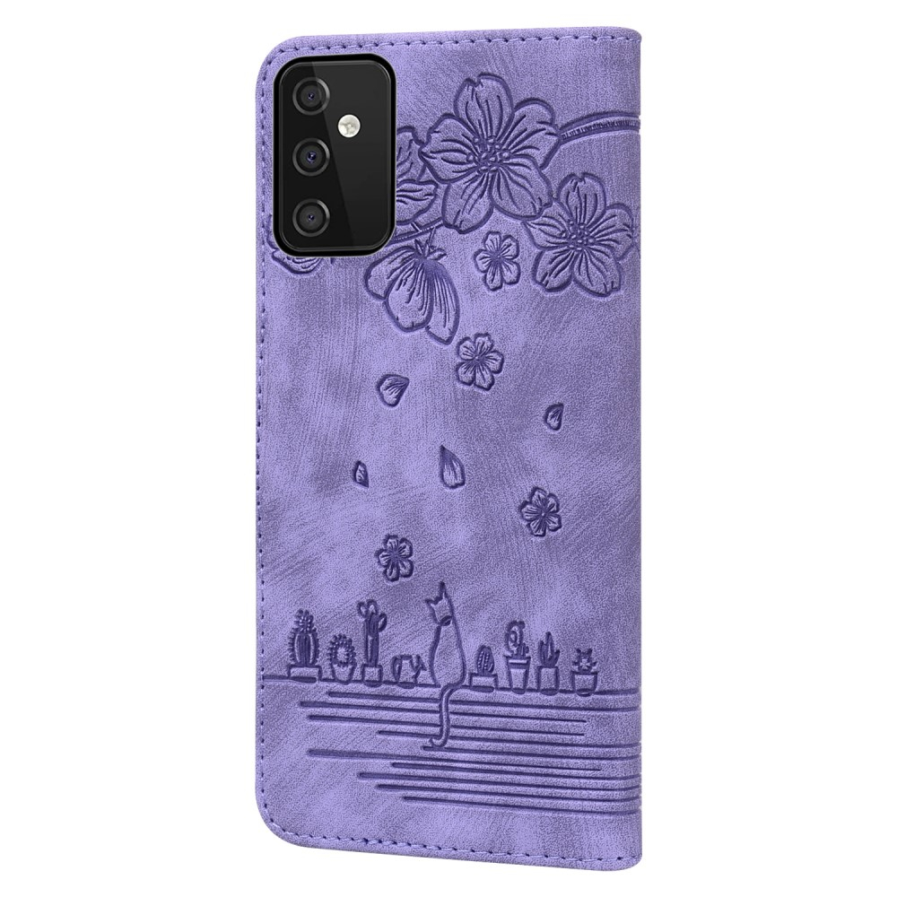 Samsung Galaxy A54 5G Leder Tasche Flip Cover Katze & Blumen Imprint - Lila