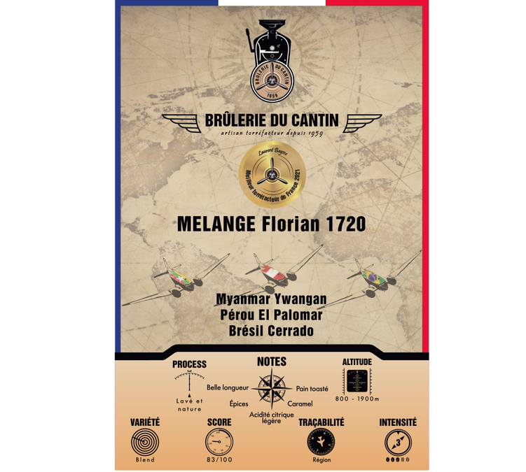 250g Café en grain Mélange Florian 1720 100% arabica - Brûlerie du Cantin
