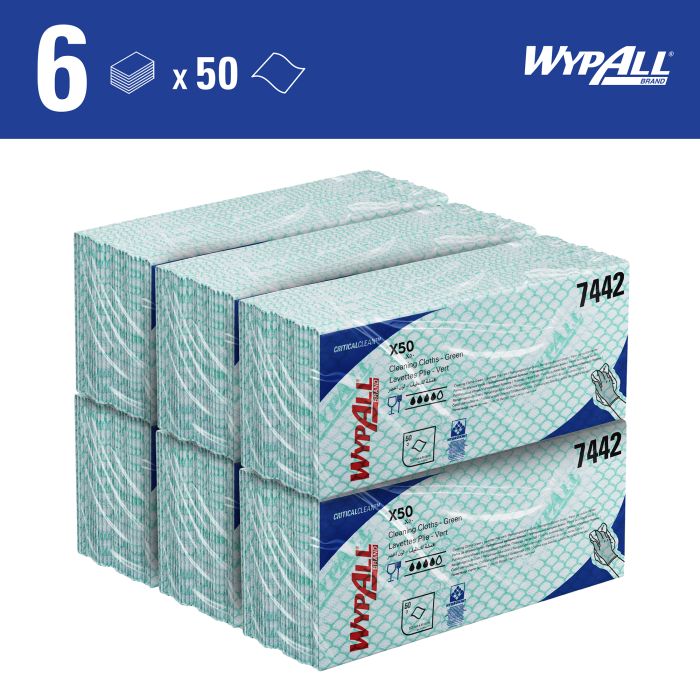 Wypall 7442 300st 6x50st sopdoek X50 Hydroknit 1-laags groen 41,6x24,5cm (7442)
