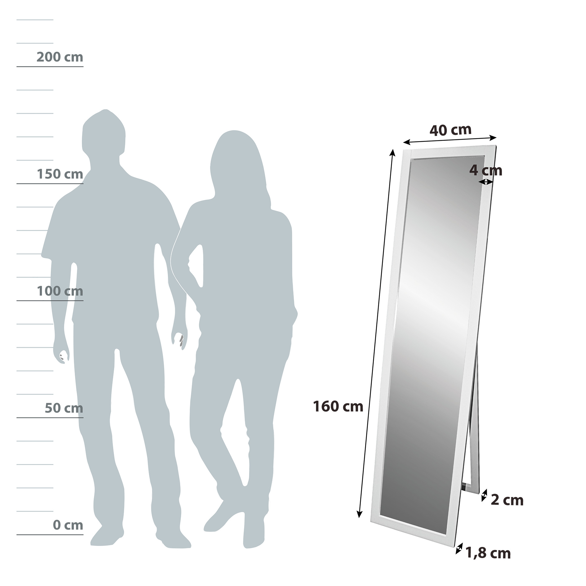 Standspiegel - weißer Rahmen - 40x160 cm