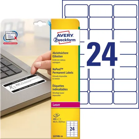 Avery Zweckform L6146-20 Abziehsichere Etiketten, 63,5 x 33,9 mm, 20 Bogen/480 Etiketten, weiß