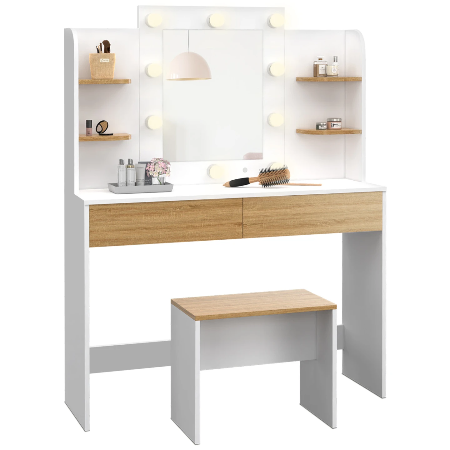 Coiffeuse ZELIA blanc et hêtre table de maquillage 4 étagères, miroir LED et tabouret