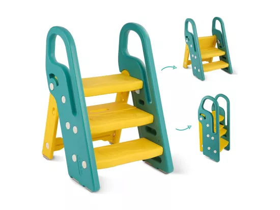 Marchepied Pliable pour Enfant Bébé avec 3 Marches Antidérapant, Rehausseur Stable, Hauteur Réglable, Multifonction avec Poignées Sécurité pr Salle de bain, Jaune et Vert