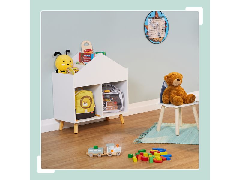 relaxdays Kinderregal Haus Hellbraun; Weiss Praktische Spielzeugablage für das Kinderzimmer