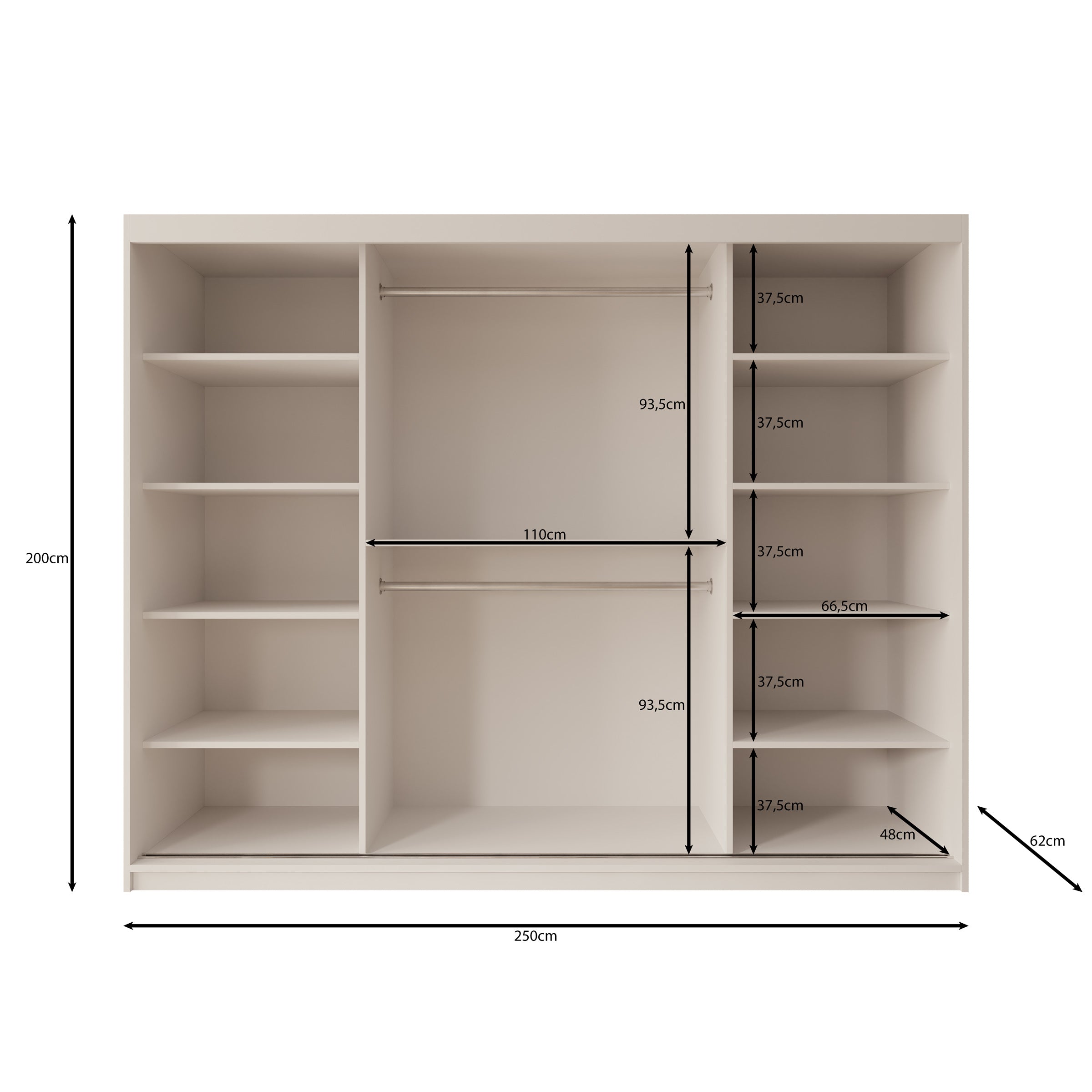 Sentoji - Kledingkast met 3 schuifdeuren - Zwart - 250x62x200 cm