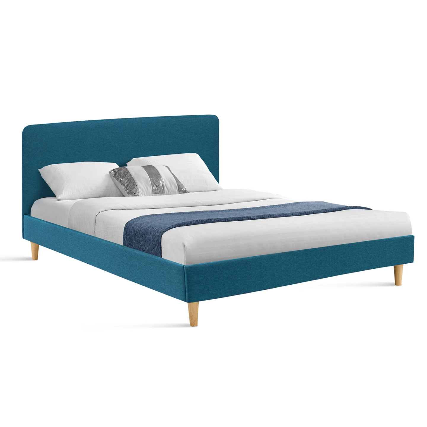 Lit double scandinave BALTA avec tête de lit et sommier 140 x 190 cm tissu bleu canard