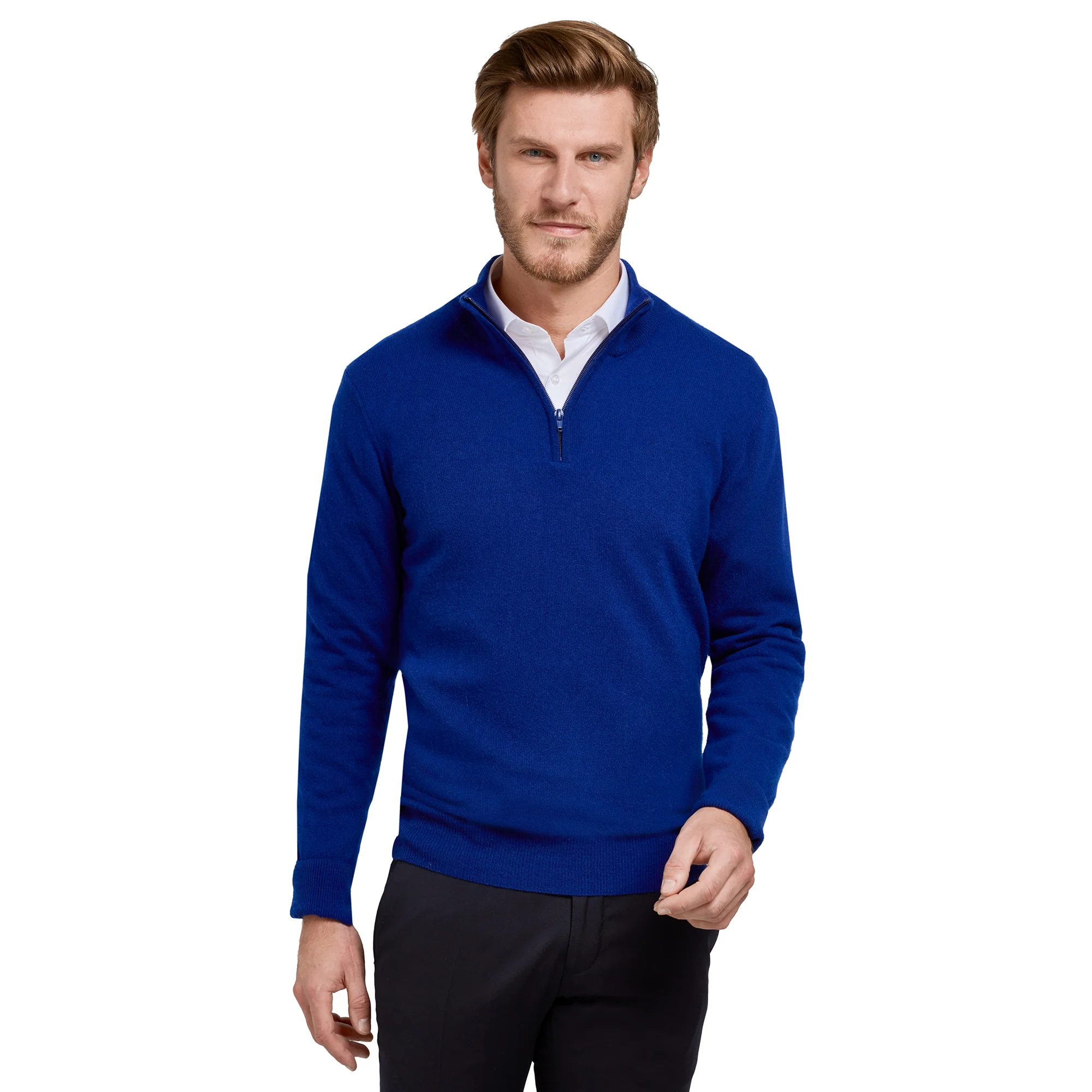 Pull col zip laine Mérinos et cachemire bleu roi