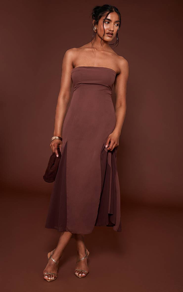 Marron Robe Mi-longue Bustier À Godets Chocolat
