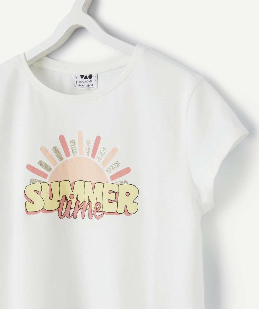 T-SHIRT FILLE EN COTON BIO BLANC AVEC MESSAGE SUMMER TIME ET SOLEIL