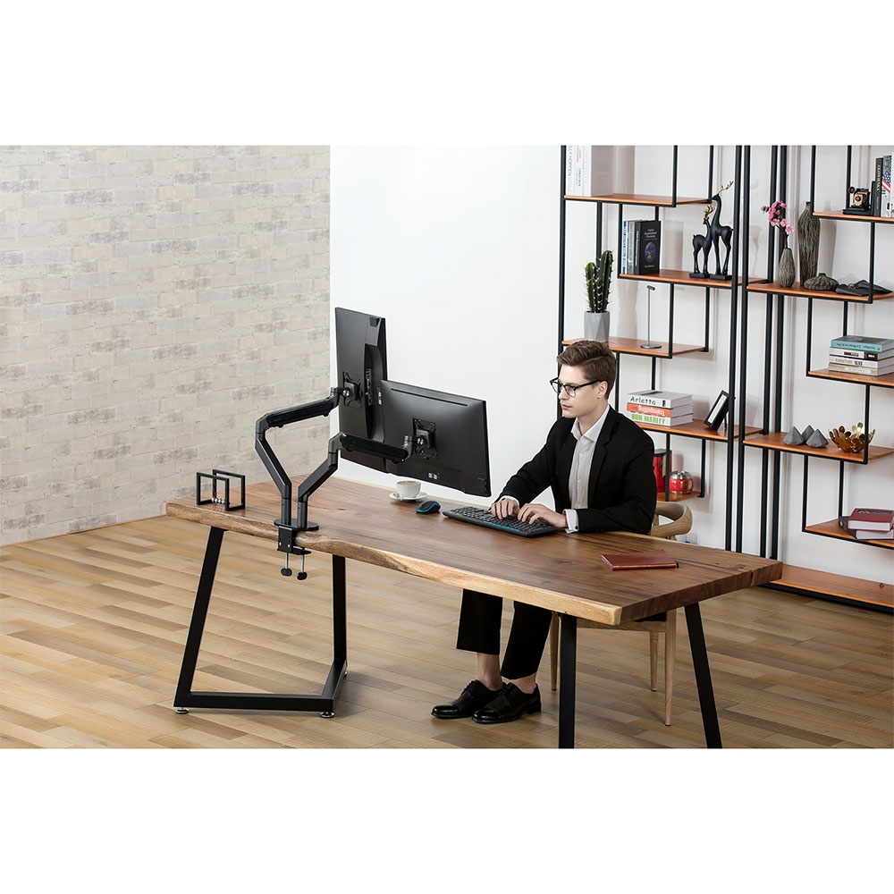 Dual Schwenkbare Aluminium Tischhalterung mit Gasfeder für 2 Monitore bis 27