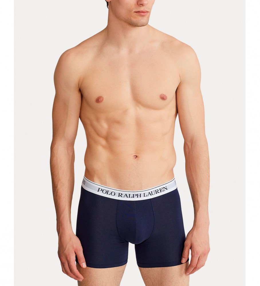 Conjunto de 3 cuecas boxer Ralph Lauren nas cores azul-marinho, estampada e branca.