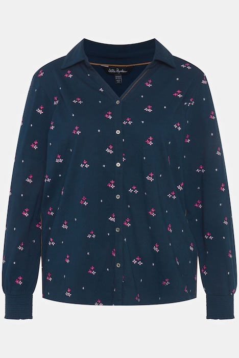 Jersey-Bluse, Stickerei, Gummisaum, Hemdkragen, Langarm