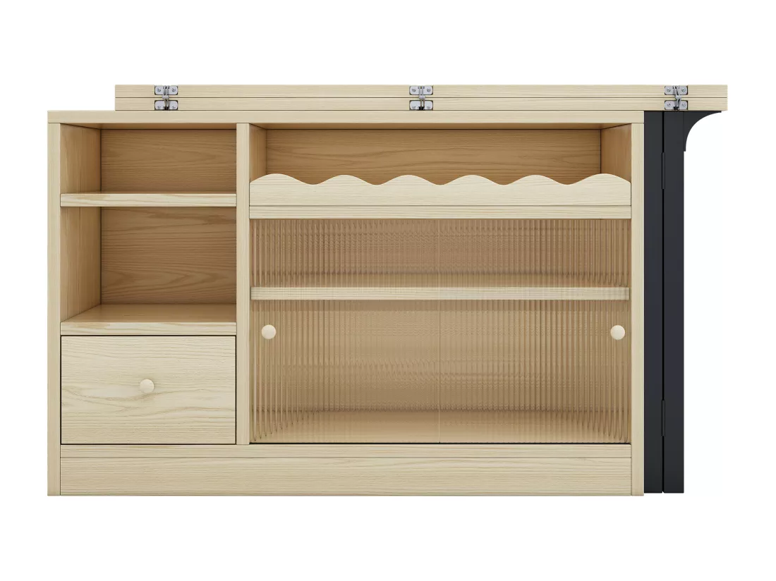 Meuble de bar、Buffet avec table pliante escamotable - grand espace de rangement - Naturel & Noir