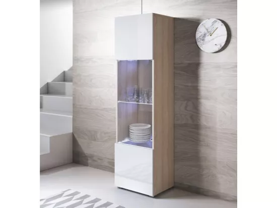 Vitrine pour Salon Salle à manger en Sonoma et Blanc avec LED 40x29x167cm Luke V6
