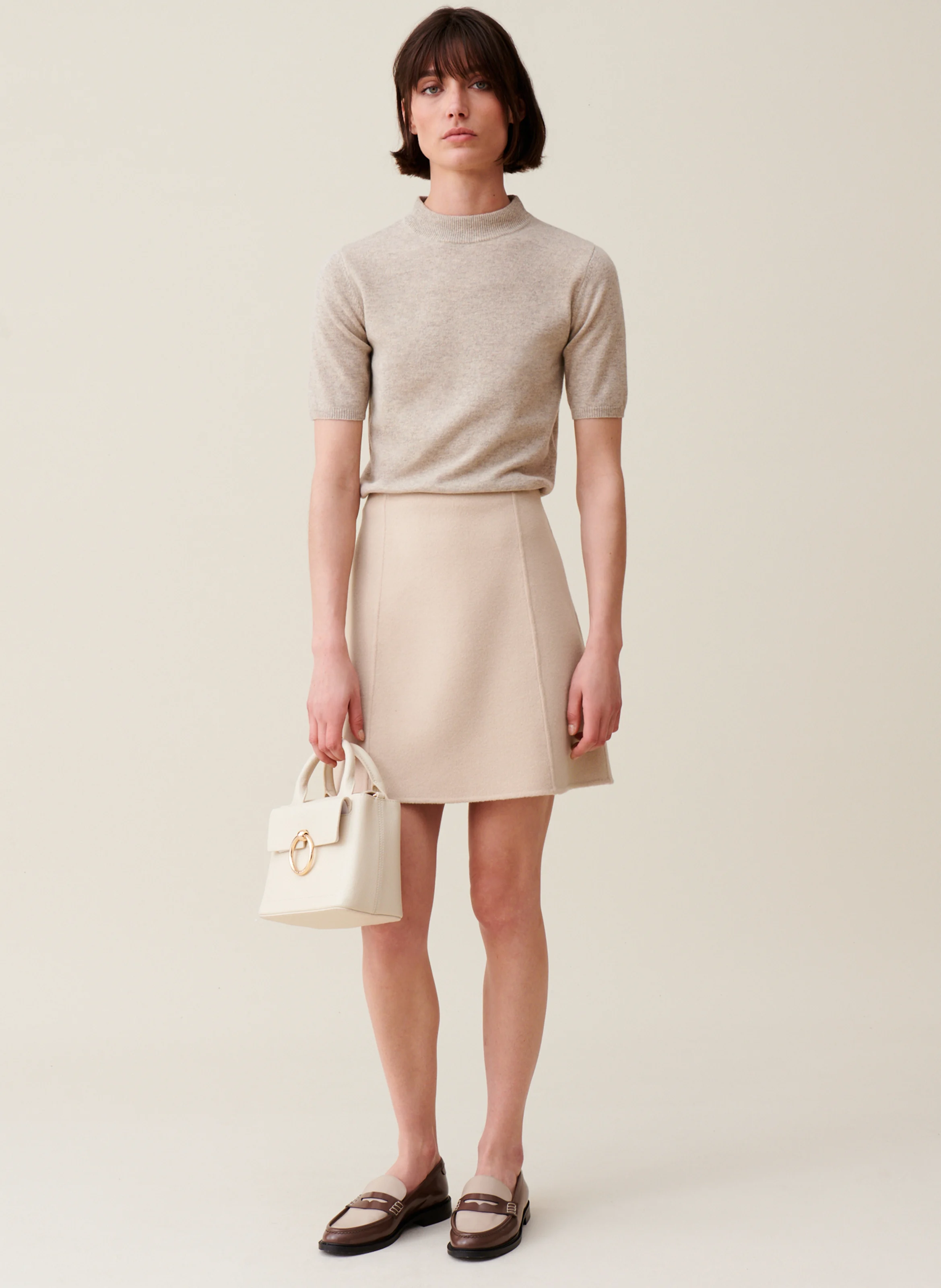 Jupe courte en laine mélangée | Beige