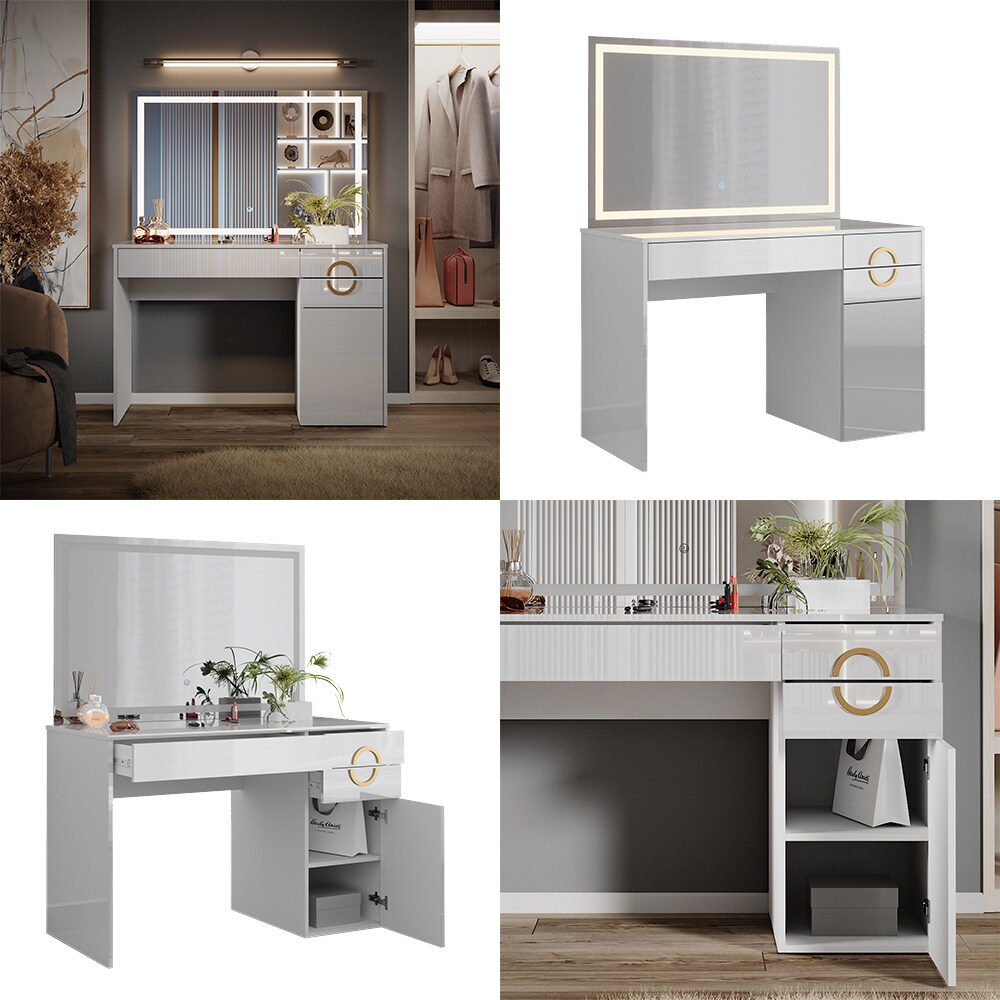 Vicco Schminktisch Adela Weiß Hochglanz, 115 x 76 cm LED-Spiegel, Frisierkommode