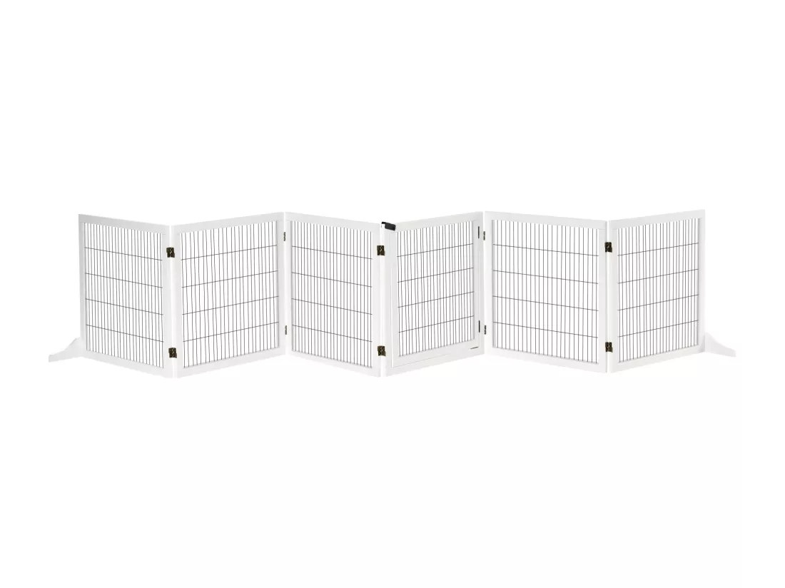 Barrière de sécurité parc enclos chien modulable pliable porte verrouillable intégrée 5 panneaux grillage acier noir bois de pin blanc