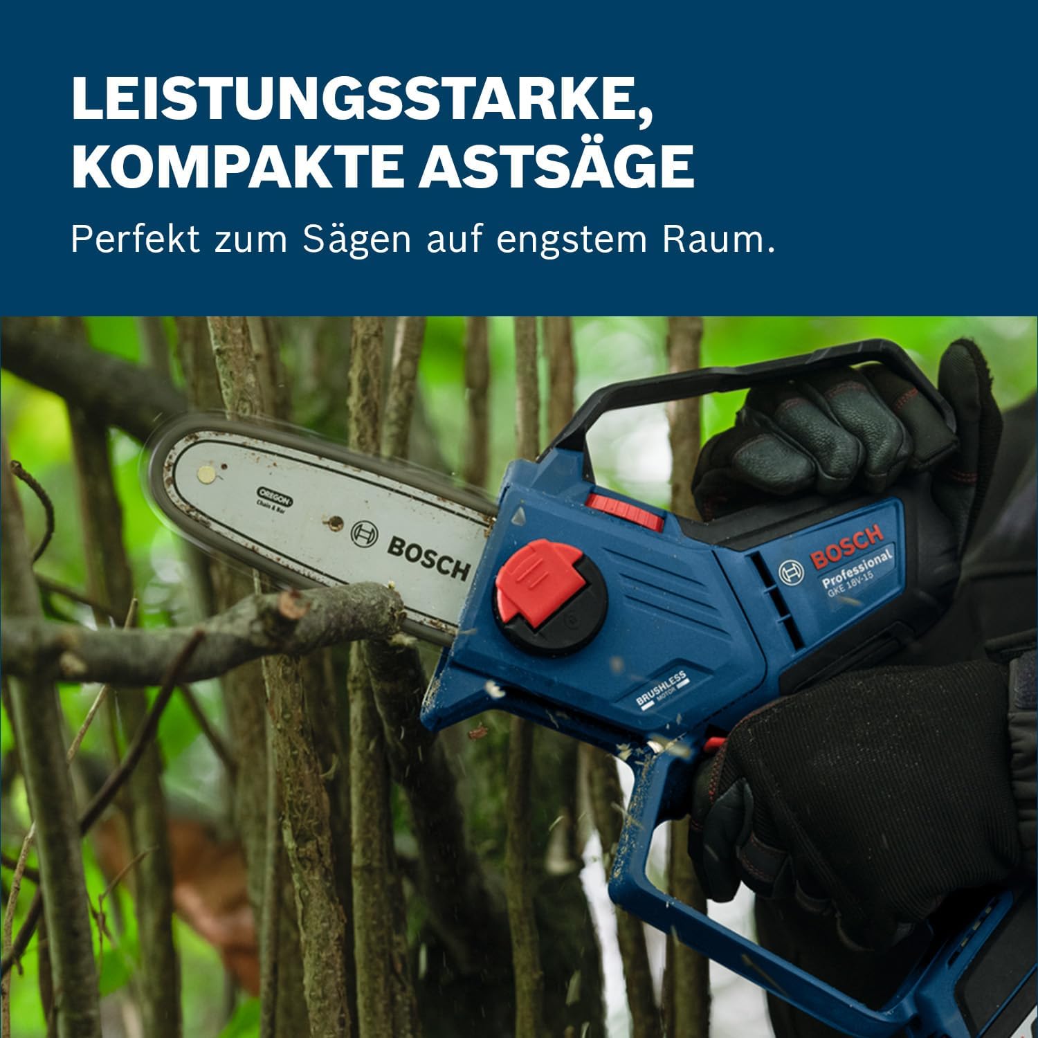Bosch Professional 18V System Astsäge GKE 18V-15 (bis zu 350 Schnitte pro Akku-Ladung, Schneiden bis 13 cm, bürstenloser Motor, inkl. Schwertschutz 15 cm, ohne Akku)