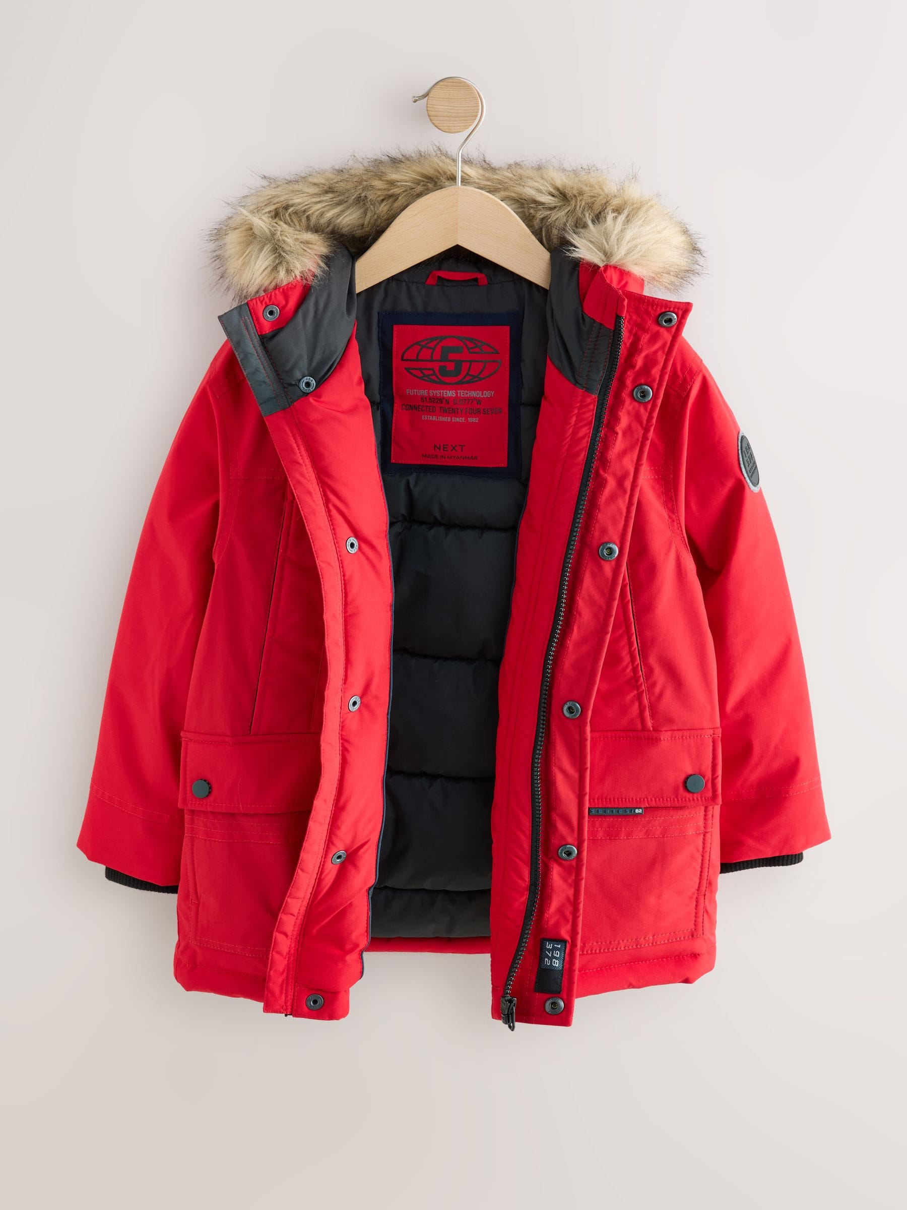 Rood - Zware regenbestendige parka met imitatiebontrand (3-16jr)