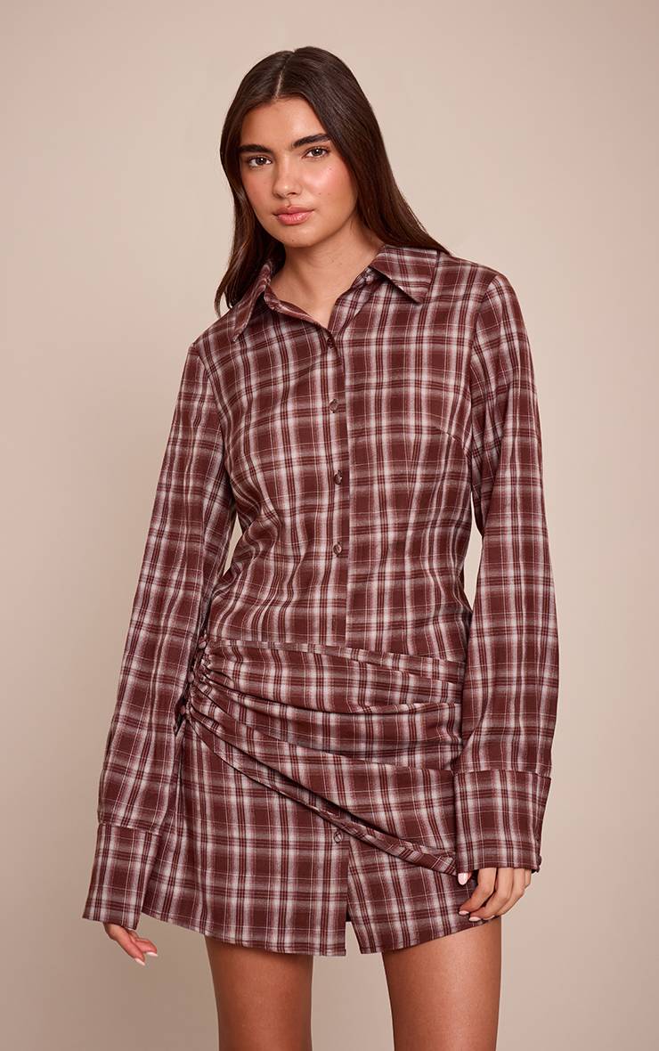 Marron Robe Chemise À Carreaux Avec Détails Cache-cœur
