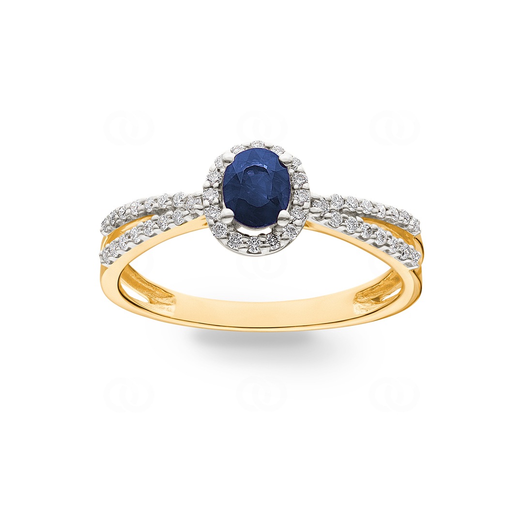 Damenring 750/18 K Gelbgold mit Saphir oval und Diamanten 0.19 ct H/si