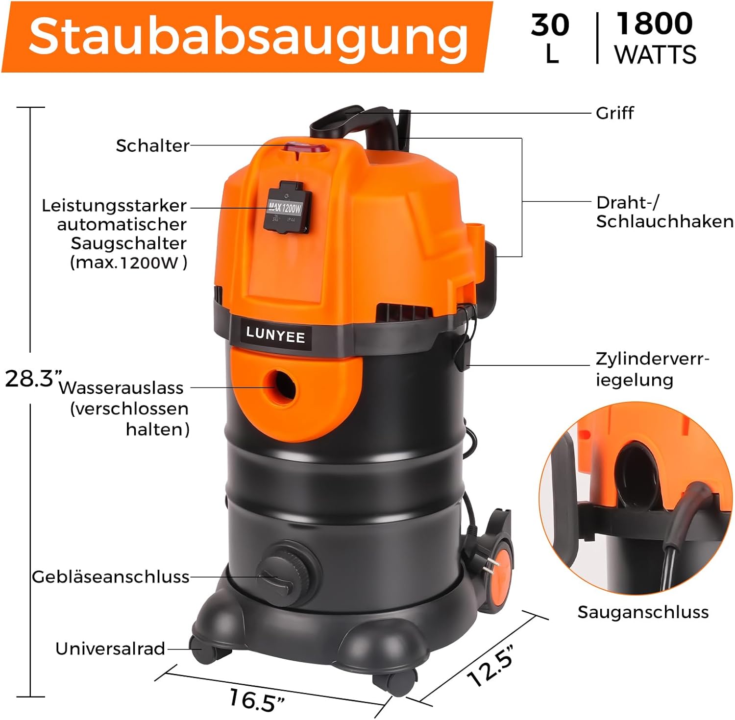 LUNYEE 19KPa Industriestaubsauger mit Einschaltautomatik 30L,1800W Industriesauger Beutellos mit Automatischem Vakuumschalter Zyklon-Staubabscheider Werkstattsauger für CNC-Maschine(Orange)
